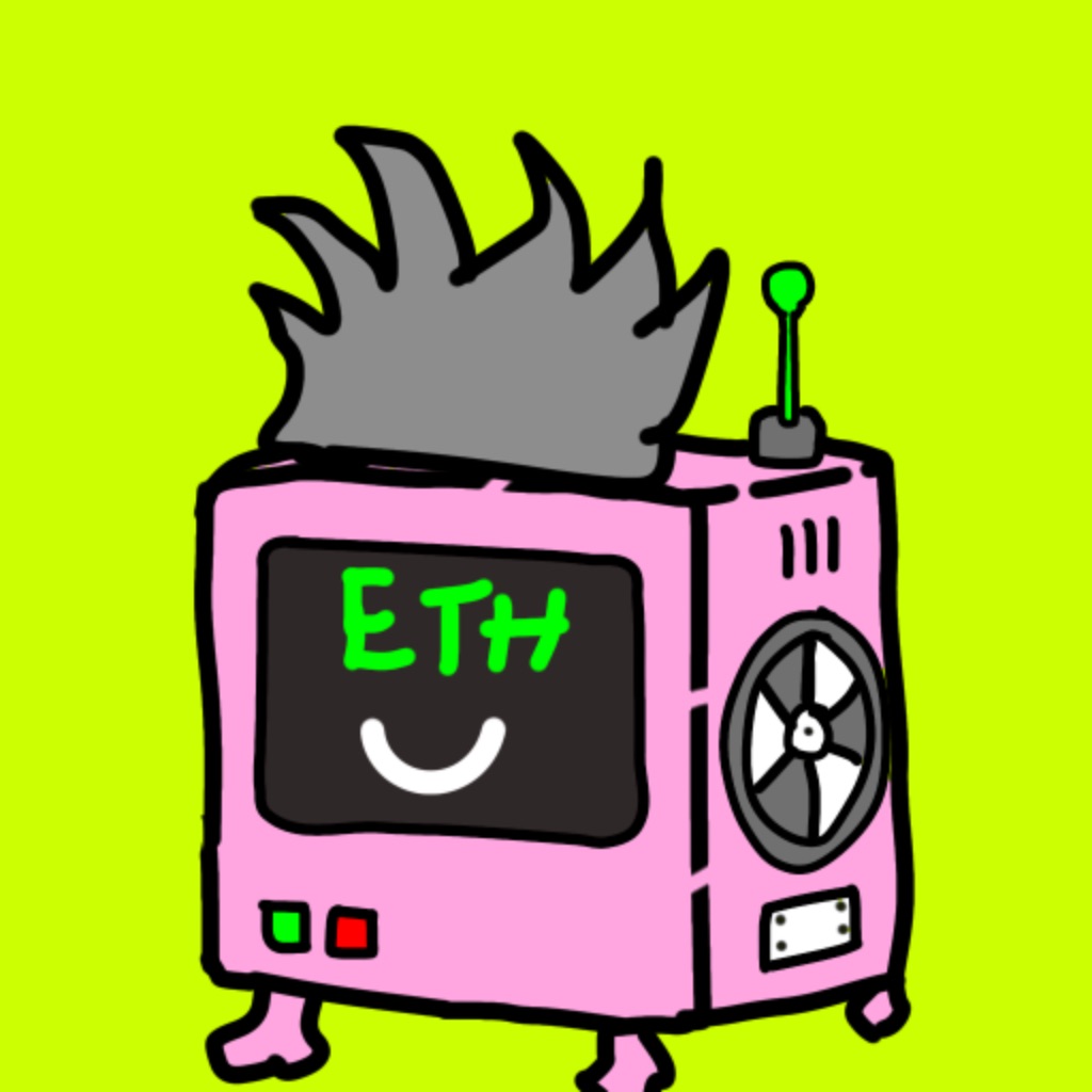 A hand-drawn pink RH MINER machine with ETH on its screen